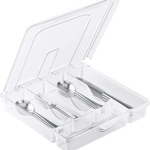 Silverware Organizer Flatware Cutlery Tray Dustproof Portable Kit for Drawer & Countertop with Lid Plastic with 5 Compartments