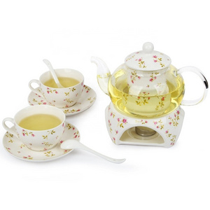 Hot Selling 24 oz tea maker teapot with a Porcelain warmer 2 set of Porcelain Cup and Saucer and Spoon glass teapot and warmer