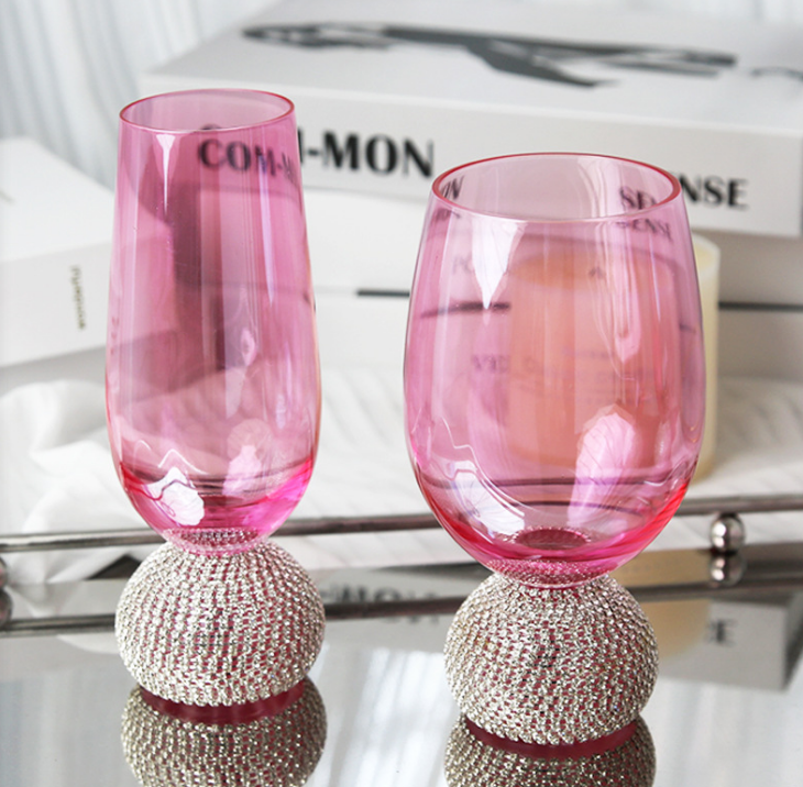 New Pink lovely Wine Martini Glasses Handmade Rhinestone Base Elegant Champagne Flutes Cocktail Margarita Glasses set