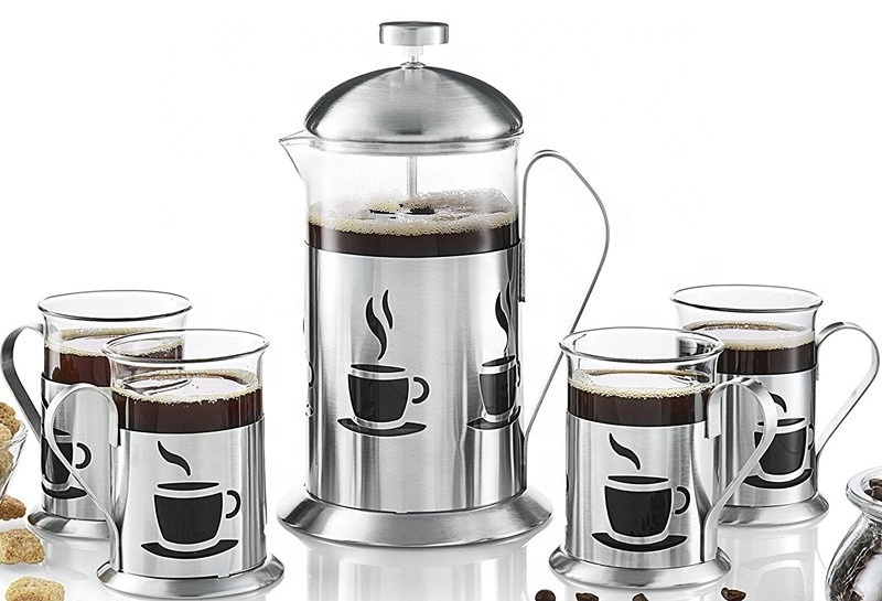 Hot Selling 600 ml French Press Coffee Brewer With 4 Matching Stainless Steel Drinking Cups French Press Coffee Maker Set