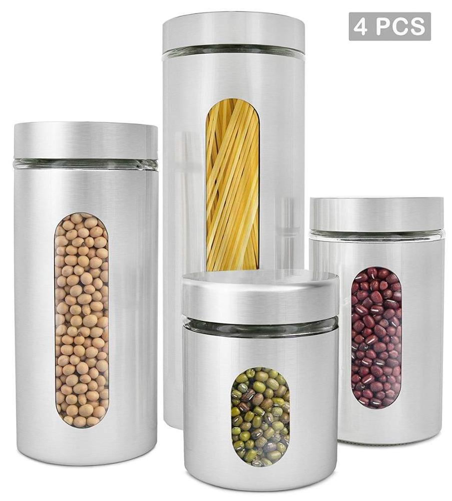 4 Piece Brushed Stainless Steel and Glass Canisters with Window Kitchen Canister Sugar Food Tea Coffee Candy Storage Jars