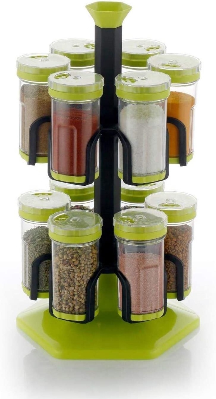 Hot Sale Countertop Spice Organizer 2 Tier Condiment Carousel Tower Set for Kitchen Plastic 12-Jar Revolving Spice Rack