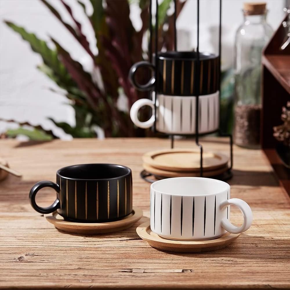 Porcelain Espresso Cup with Saucer and Metal Stand 6 Ounce Stackable Ceramic Demitasse Espresso Mugs Cappuccino Cups Set