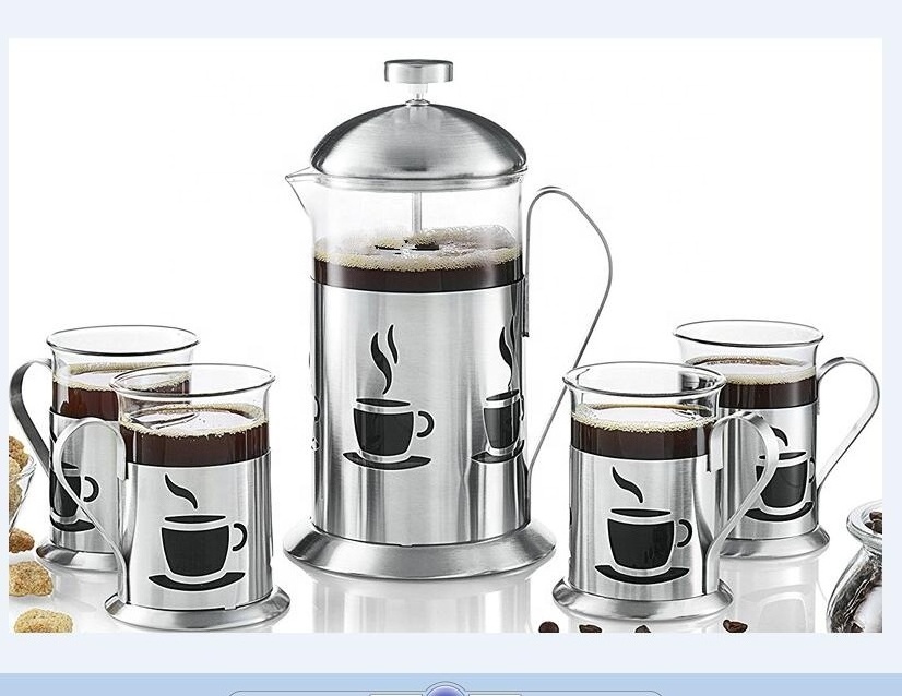 Hot Selling 600 ml French Press Coffee Brewer With 4 Matching Stainless Steel Drinking Cups French Press Coffee Maker Set