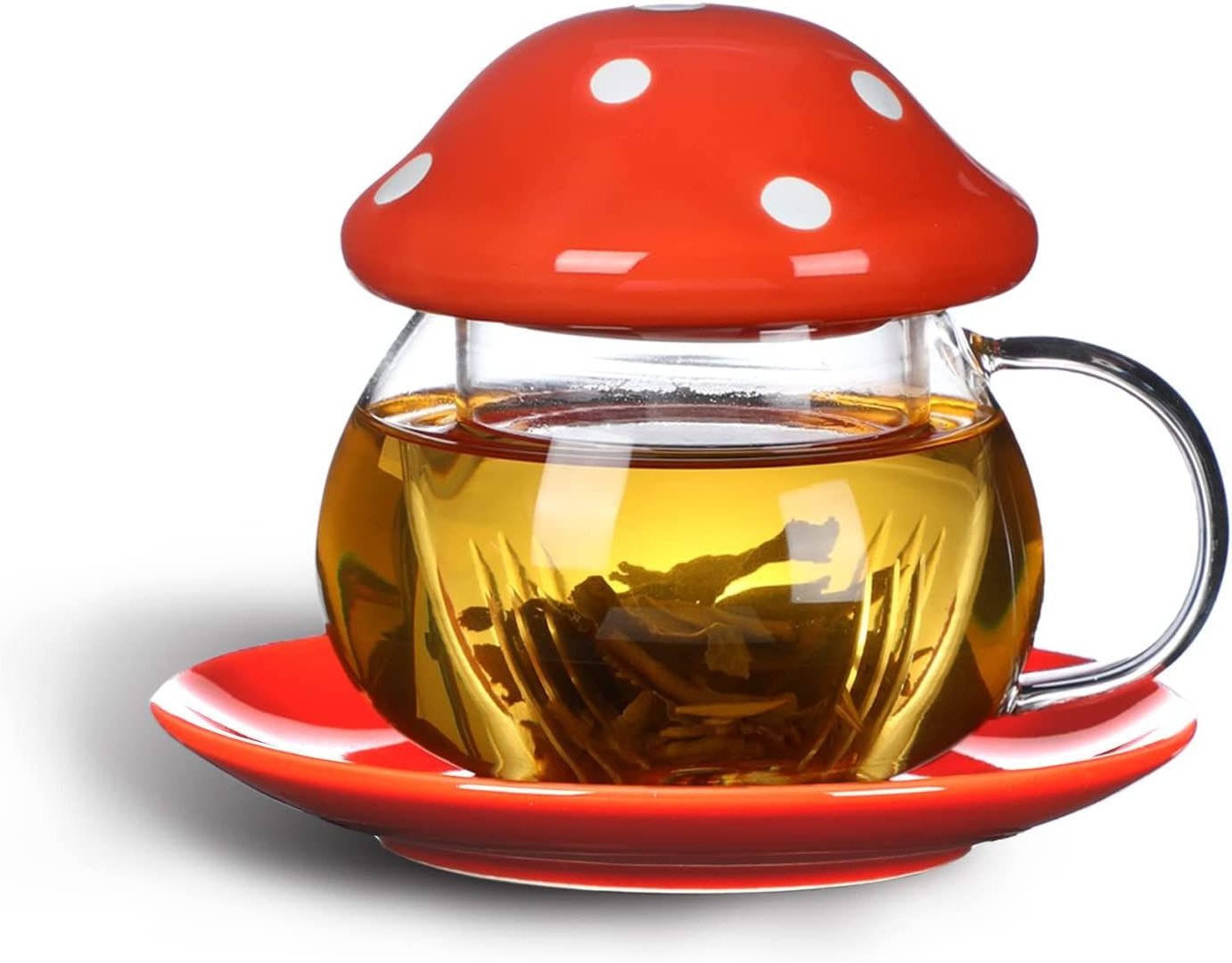 Hot Sale Mushroom Cup Cute Glass Tea Cup with Infuser and Lid Mushroom Mug Set Coffee Teapot with Ceramic Coasters