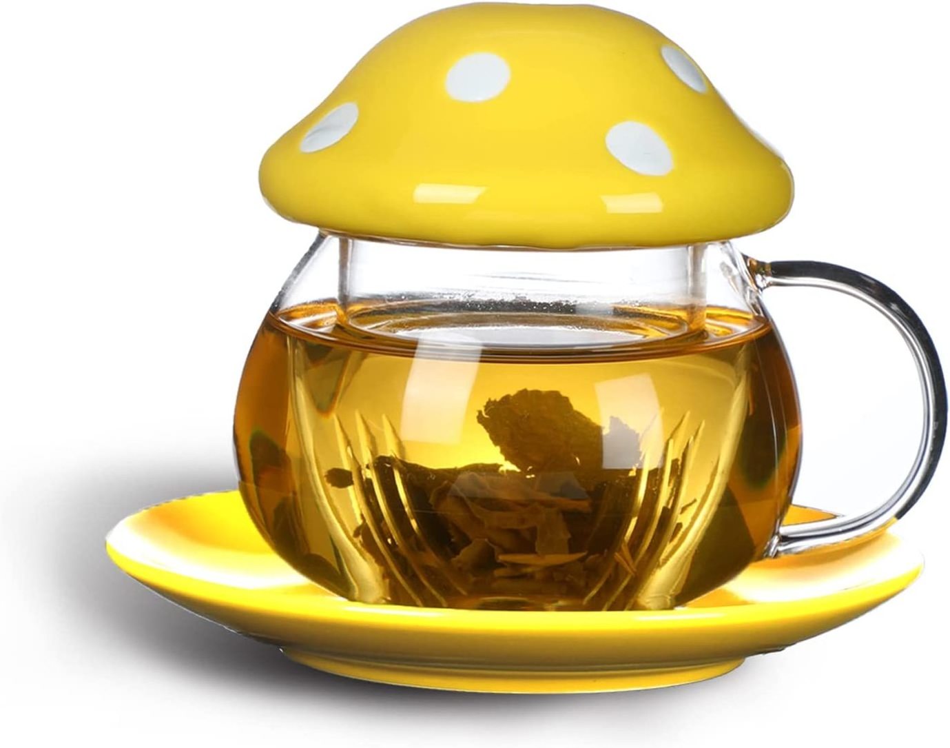 Hot Sale Mushroom Cup Cute Glass Tea Cup with Infuser and Lid Mushroom Mug Set Coffee Teapot with Ceramic Coasters