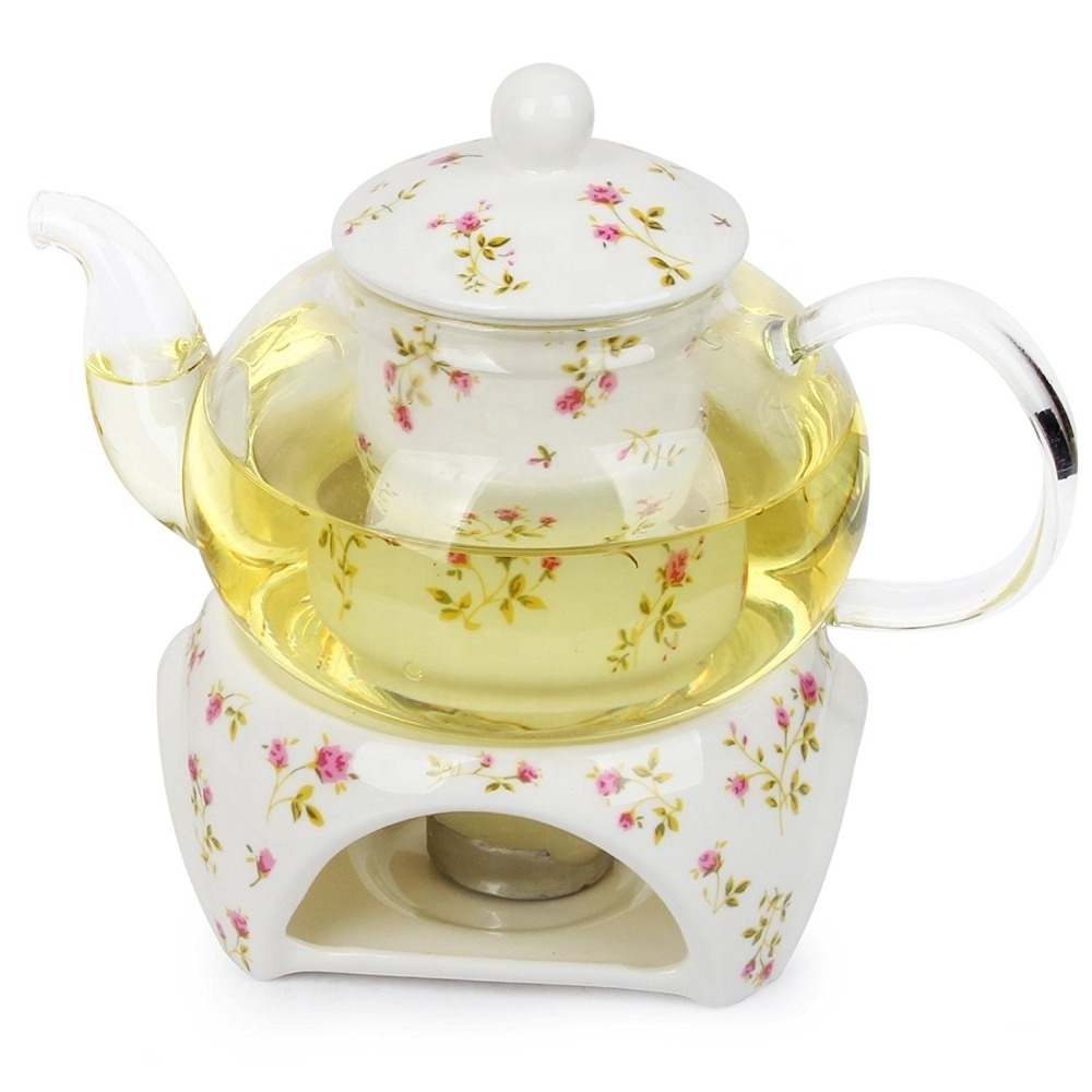 Hot Selling 24 oz tea maker teapot with a Porcelain warmer 2 set of Porcelain Cup and Saucer and Spoon glass teapot and warmer