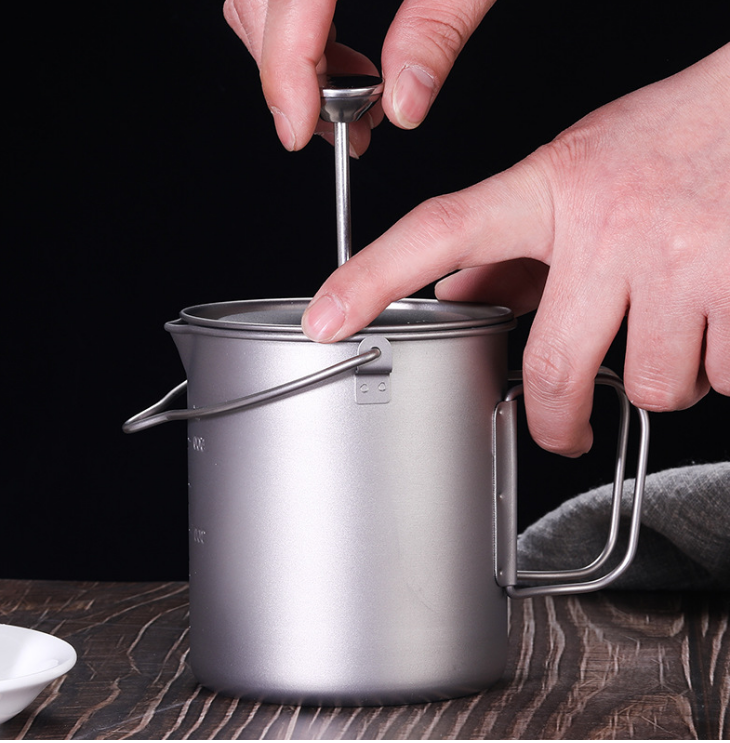 Travel French Press Coffee Maker Camp Cooking Pot 750ml Camping Titanium Cup Tea Pot Camping Cookware