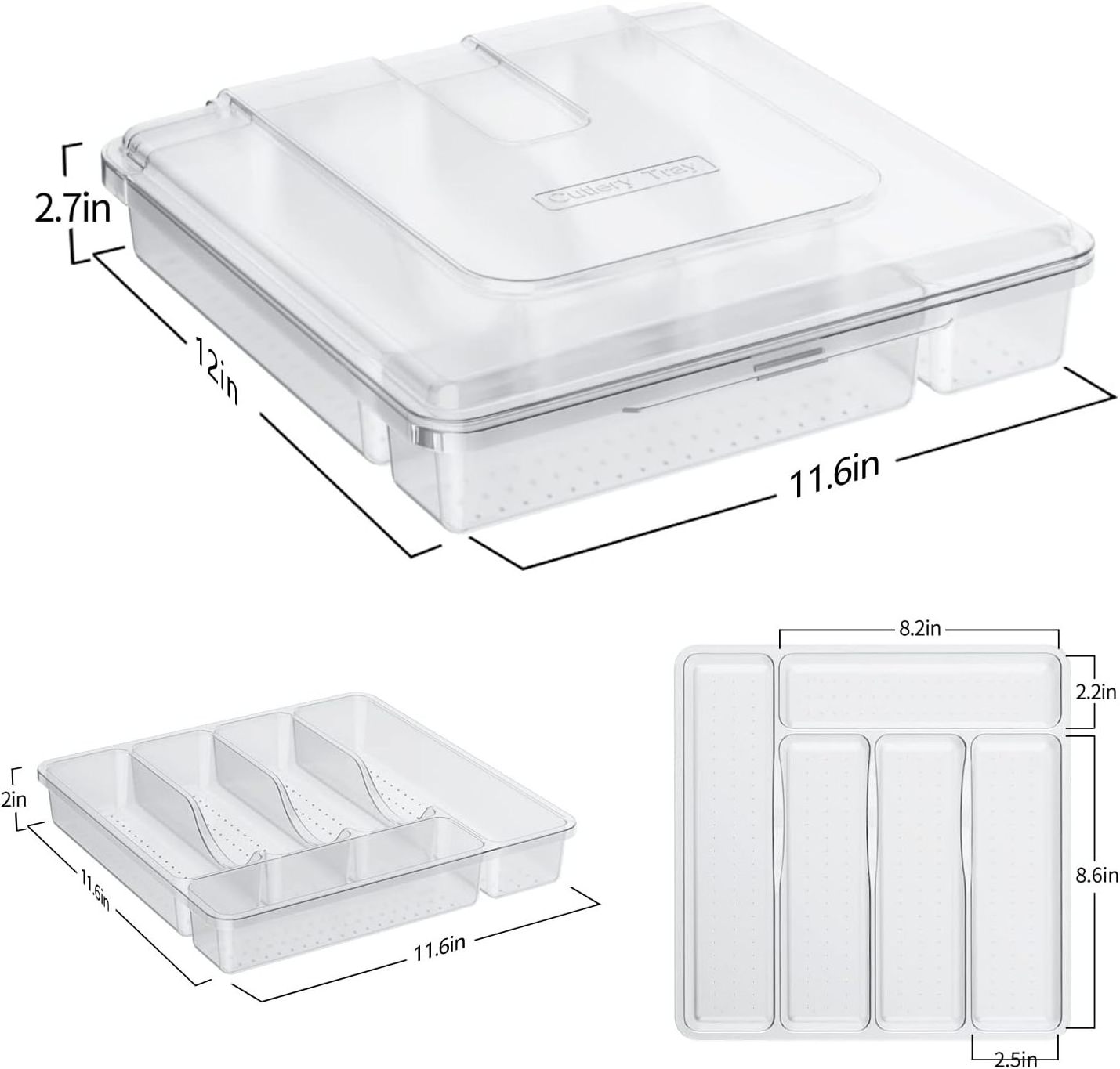 Silverware Organizer Flatware Cutlery Tray Dustproof Portable Kit for Drawer & Countertop with Lid Plastic with 5 Compartments