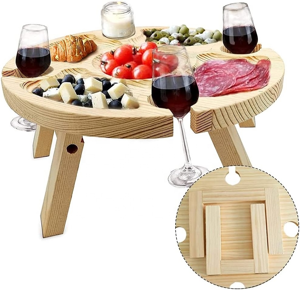 Wooden Outdoor FoldChinaing Picnic Table with Wine Glass Holder Portable Creative 2 in 1 Wine Glass Rack Collapsible Outdoors ta