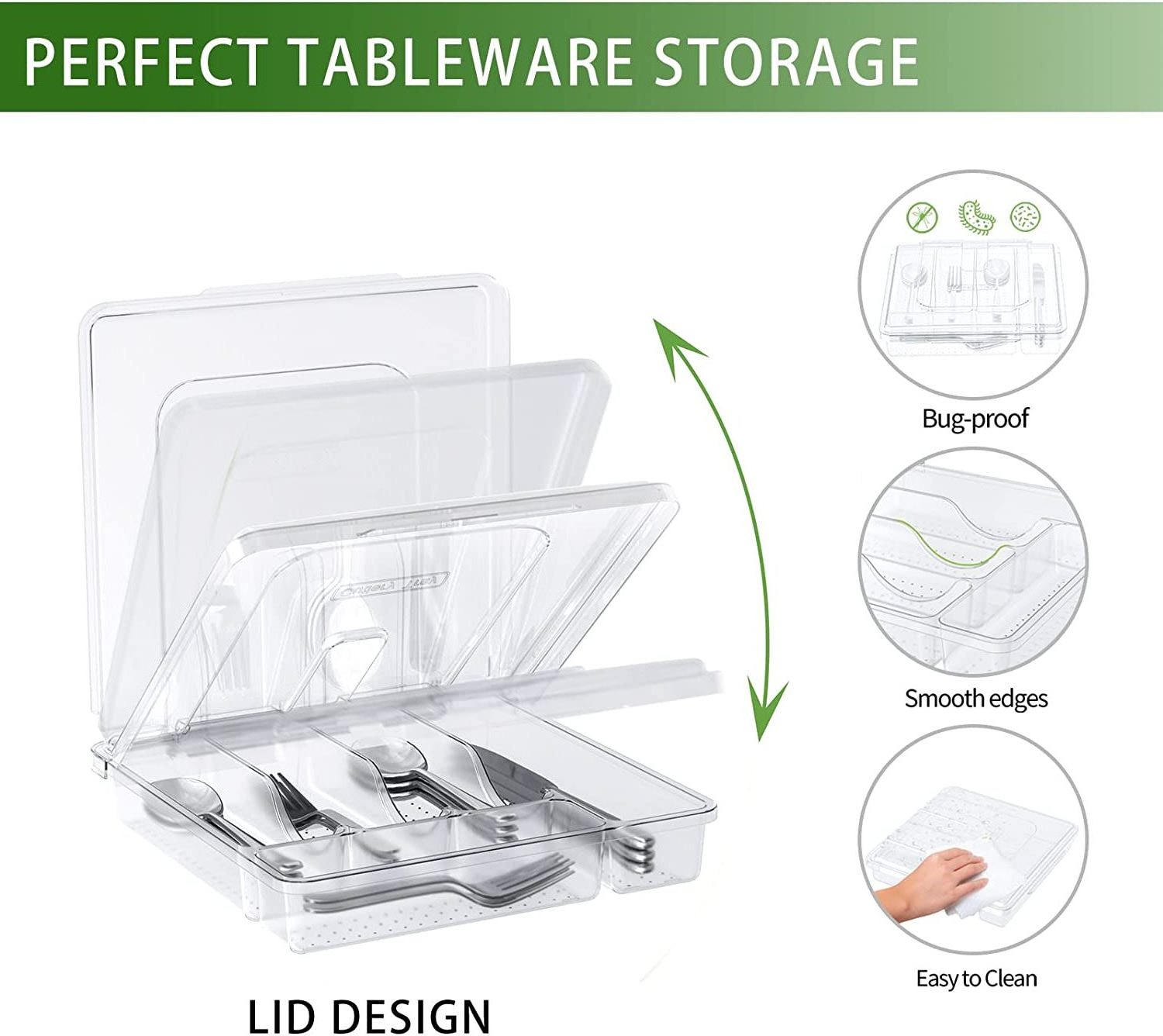 Silverware Organizer Flatware Cutlery Tray Dustproof Portable Kit for Drawer & Countertop with Lid Plastic with 5 Compartments