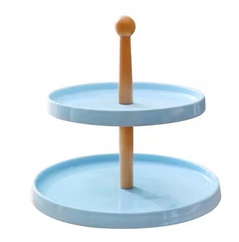 Hot Selling Blue Cupcake Stand Dessert Stand with Ceramic Round Tray & Wooden Handle 2 Tier Cute Cake Stand Set