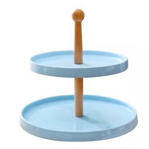 Hot Selling Blue Cupcake Stand Dessert Stand with Ceramic Round Tray & Wooden Handle 2 Tier Cute Cake Stand Set