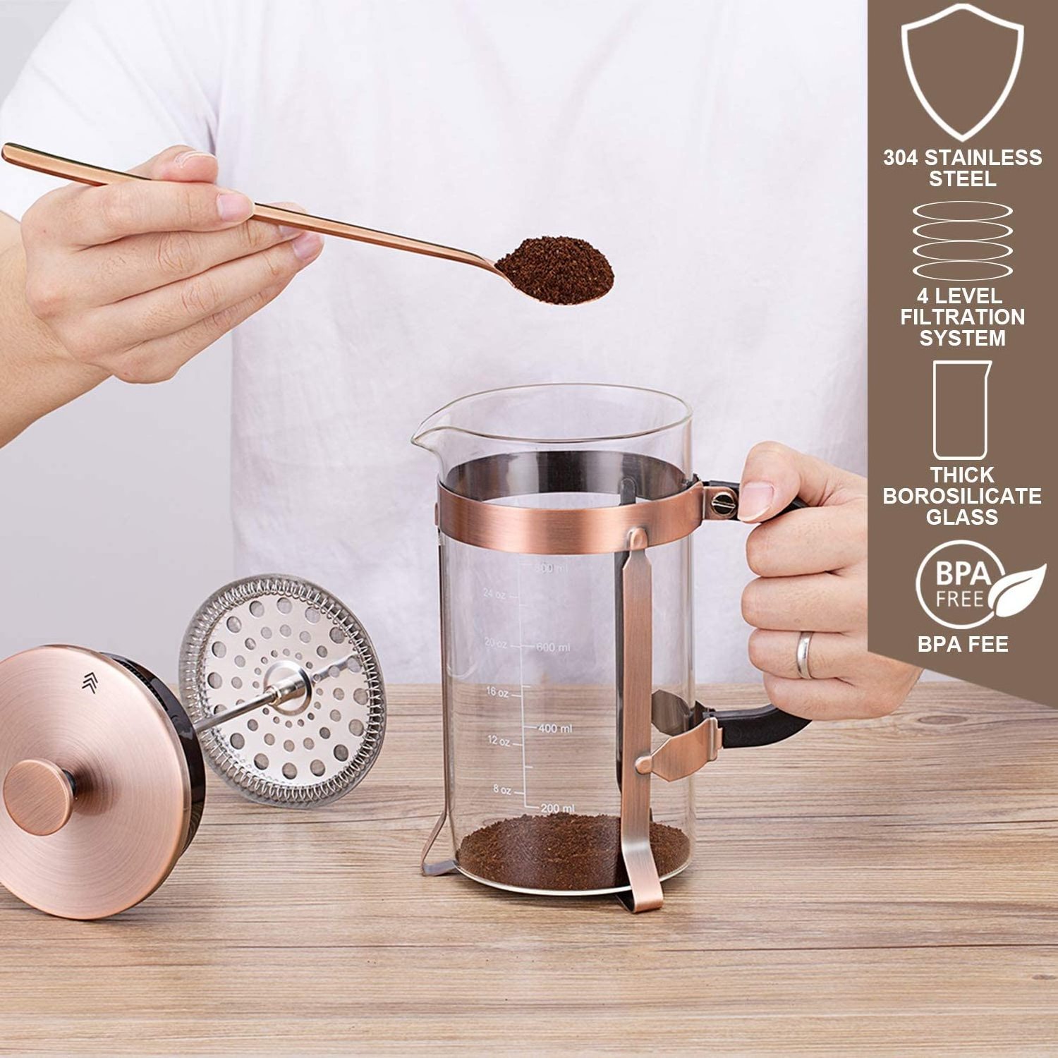 French Press Coffee Maker with 4 Filters Durable Stainless Steel Heat Resistant Borosilicate Glass Coffee Press Pot Percolator