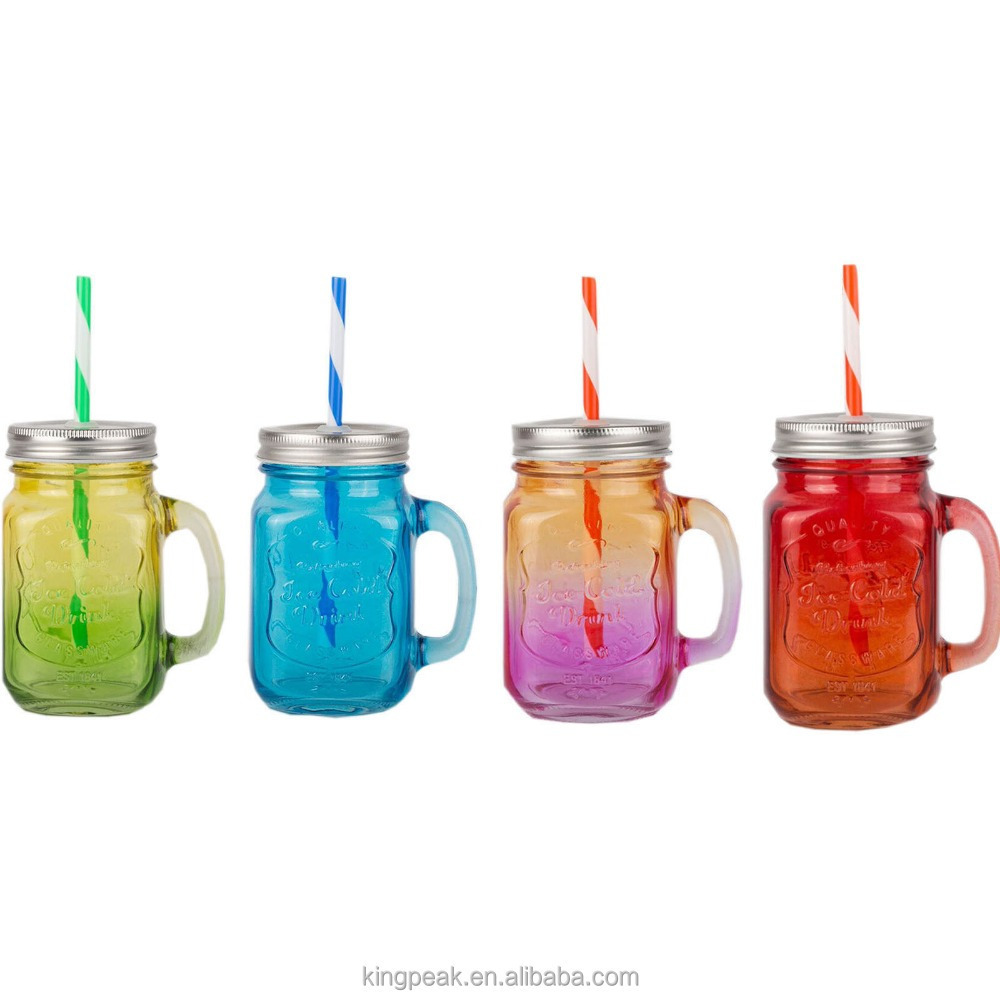 Hot Selling Mason Jar Mugs with Handle multi COLORED Lids and Plastic Straws 16 Oz Old Fashion Drinking Glasses