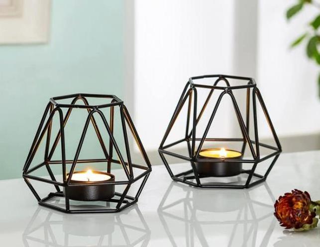 2 Pcs Tea Light Candle Holders Black Tea Light Holder Metal Hexagon Geometric Tealight Votive candles black geometric holder