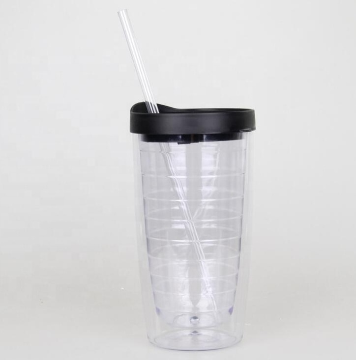 Indoor Outdoor Clear Insulated Tumbler Set of 4 Plastic Insulated Tumbler With Black Lid and Straw Reusable Plastic Tumbler