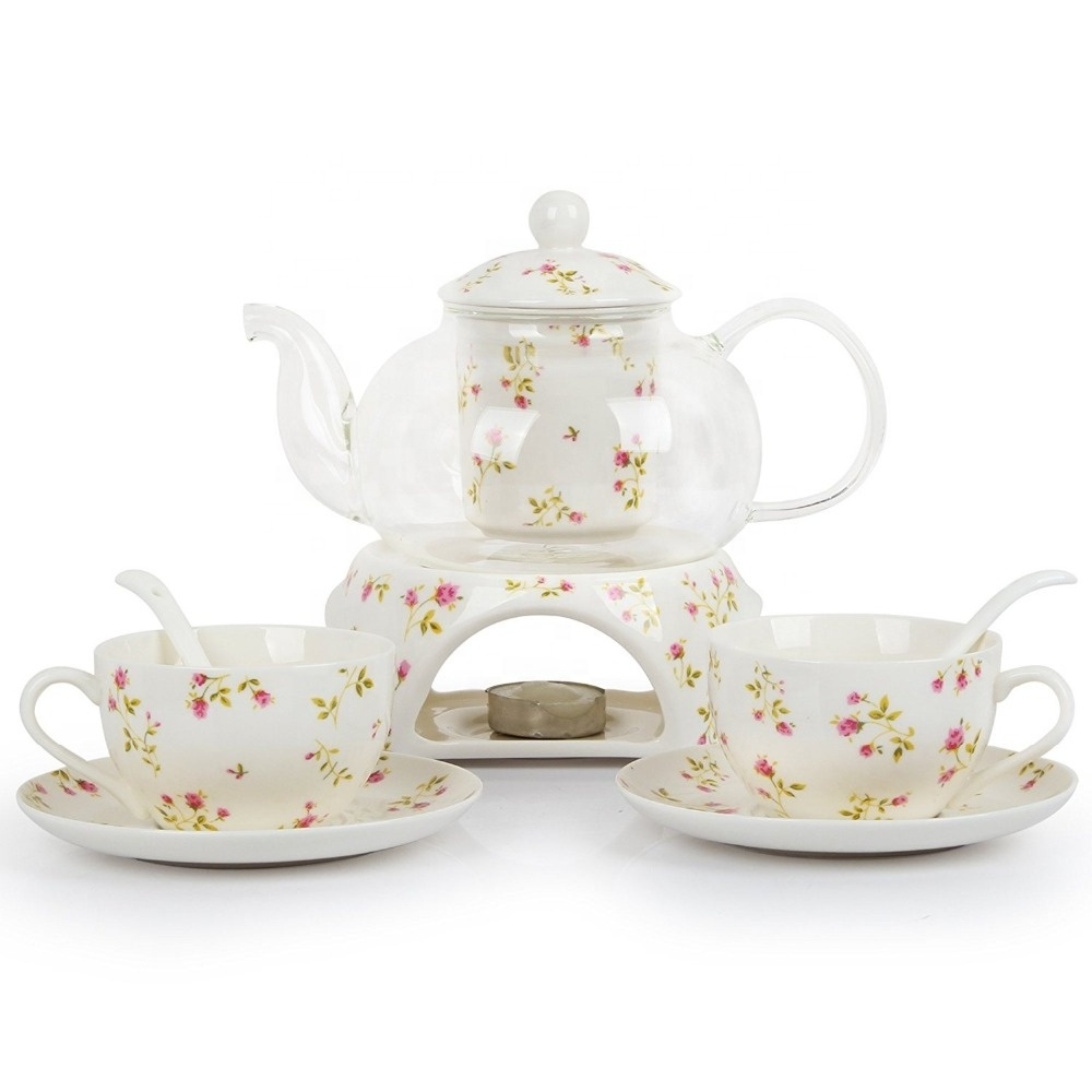 Hot Selling 24 oz tea maker teapot with a Porcelain warmer 2 set of Porcelain Cup and Saucer and Spoon glass teapot and warmer