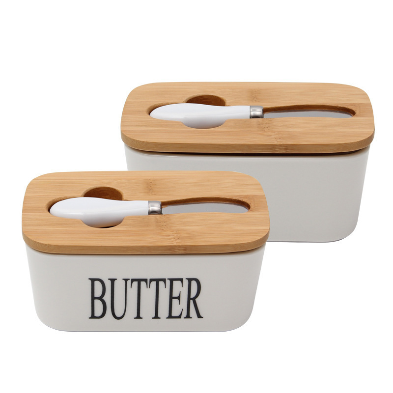 Hot Selling Porcelain Butter Dish holder Large Butter Keeper Container with Wooden Lid and Steel Knife cheese dish