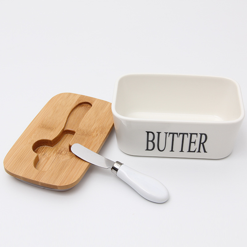 Hot Selling Porcelain Butter Dish holder Large Butter Keeper Container with Wooden Lid and Steel Knife cheese dish