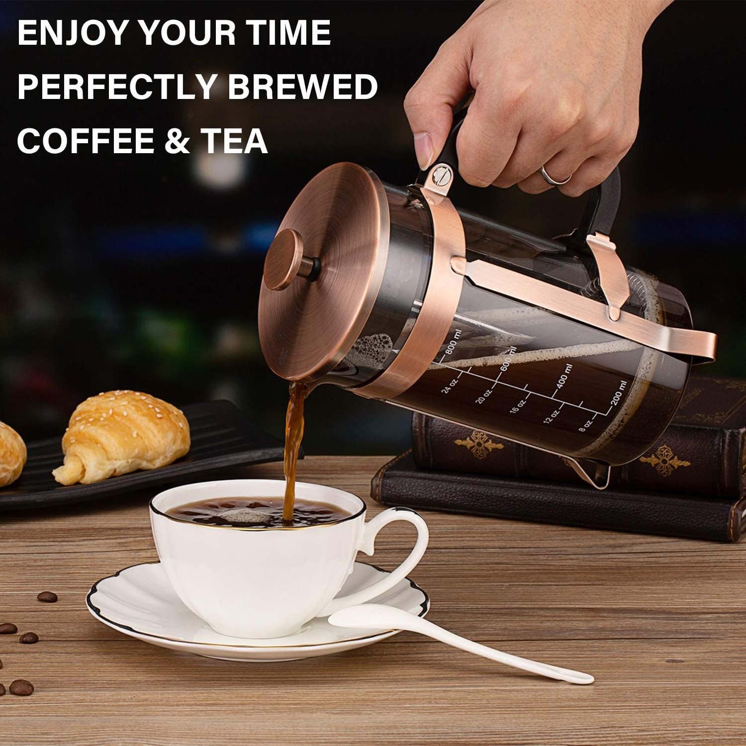 French Press Coffee Maker with 4 Filters Durable Stainless Steel Heat Resistant Borosilicate Glass Coffee Press Pot Percolator