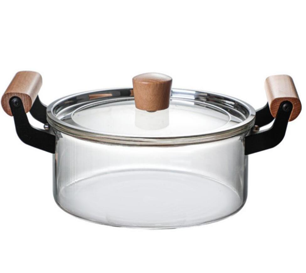 3.5L Glass Pot Cooking Pot with Lid Cover Glass Saucepan Casserole with Wooden Handle Heat Resistant High Borosilicate Glass