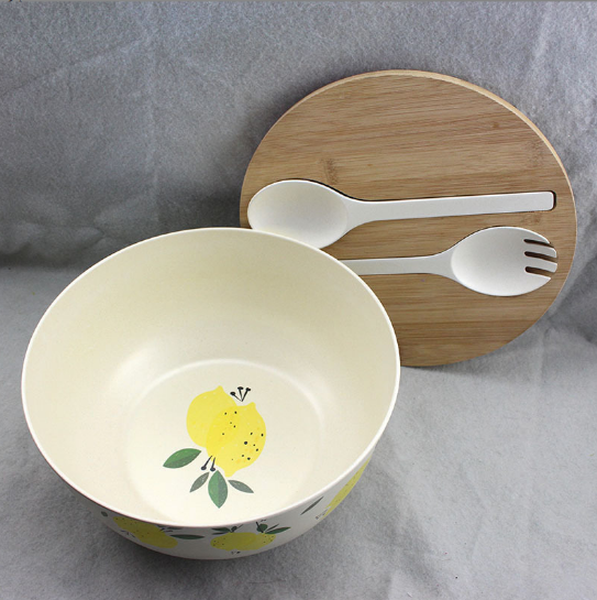 Large Salad and Serving Bowl with Bamboo Wood Lid and Servers Set Bamboo Fiber Mixing Bowl and Utensils with cutting board