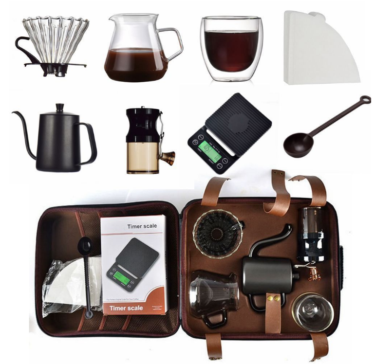 Hot Sale Pour Over Coffee Maker Gift Set Travel Coffee Kits Stainless Steel Kettle Coffee Grinder Server of Portable Travel Bag