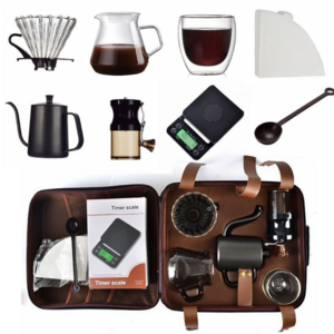 Hot Sale Pour Over Coffee Maker Gift Set Travel Coffee Kits Stainless Steel Kettle Coffee Grinder Server of Portable Travel Bag