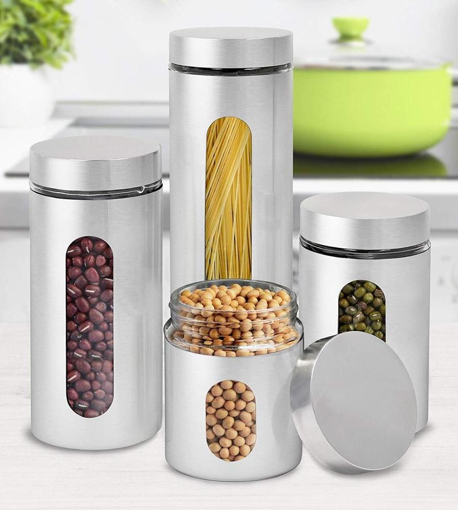 4 Piece Brushed Stainless Steel and Glass Canisters with Window Kitchen Canister Sugar Food Tea Coffee Candy Storage Jars