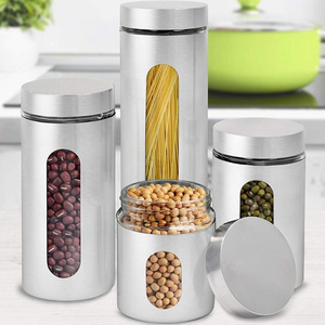 4 Piece Brushed Stainless Steel and Glass Canisters with Window Kitchen Canister Sugar Food Tea Coffee Candy Storage Jars