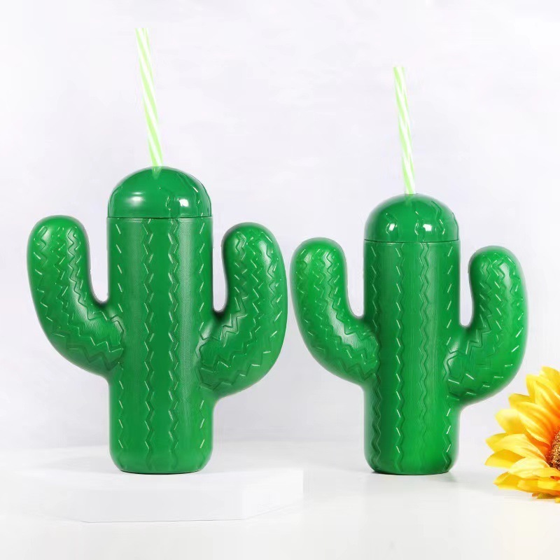 3D OEM ODM Cactus Plant Shape Straw Drinking Cup Creative Cute Lemon Juice Water tumbler Iced Coffee Cup Wide Mouth Bubble Cups