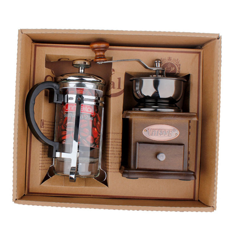 Coffee Tool Gift Set French Press Maker and Wood Manual Coffee Bean Grinder Gift Box