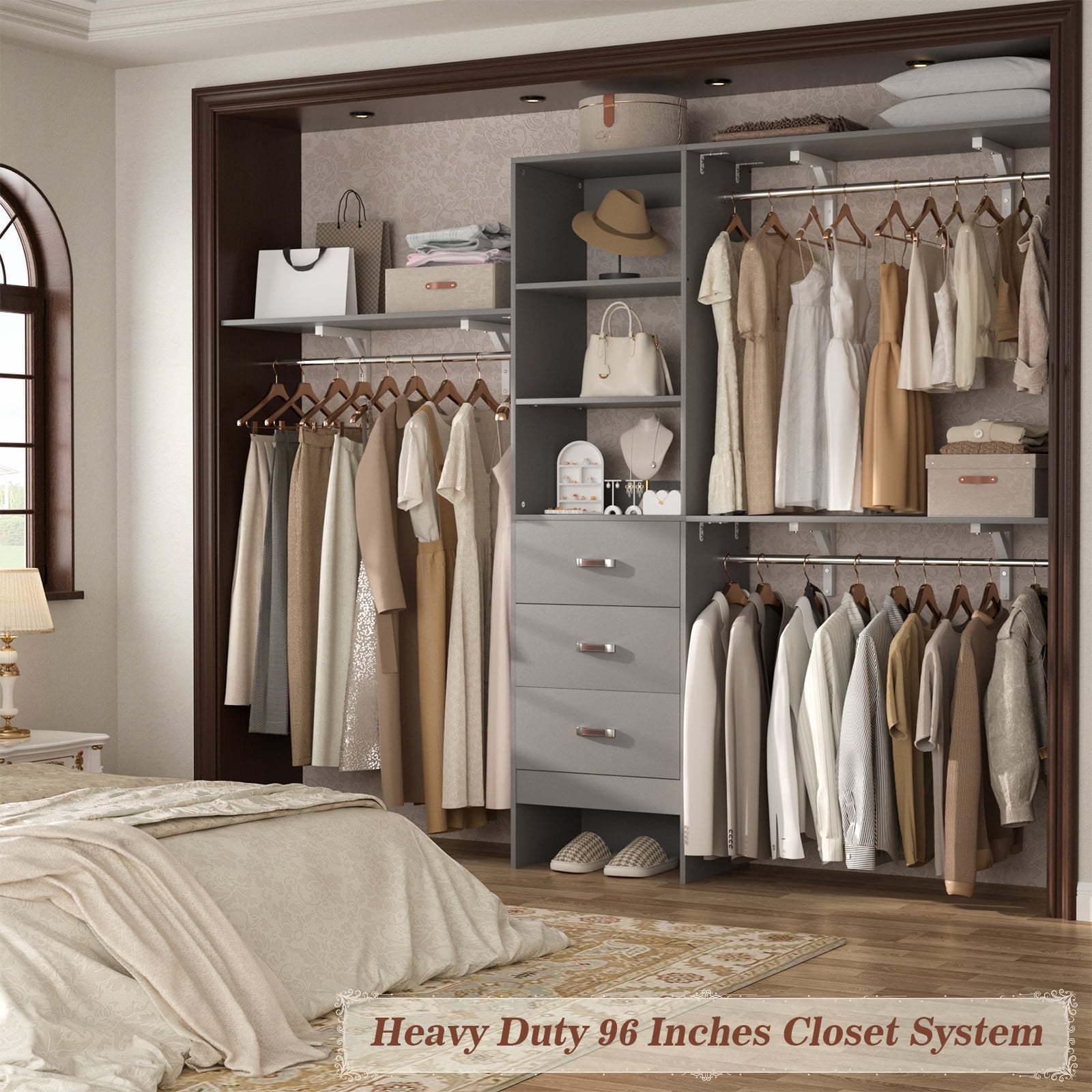 Closet Organizer Closet System Large Garment Rack with Shelves Expandable Hanging Rod and Drawers