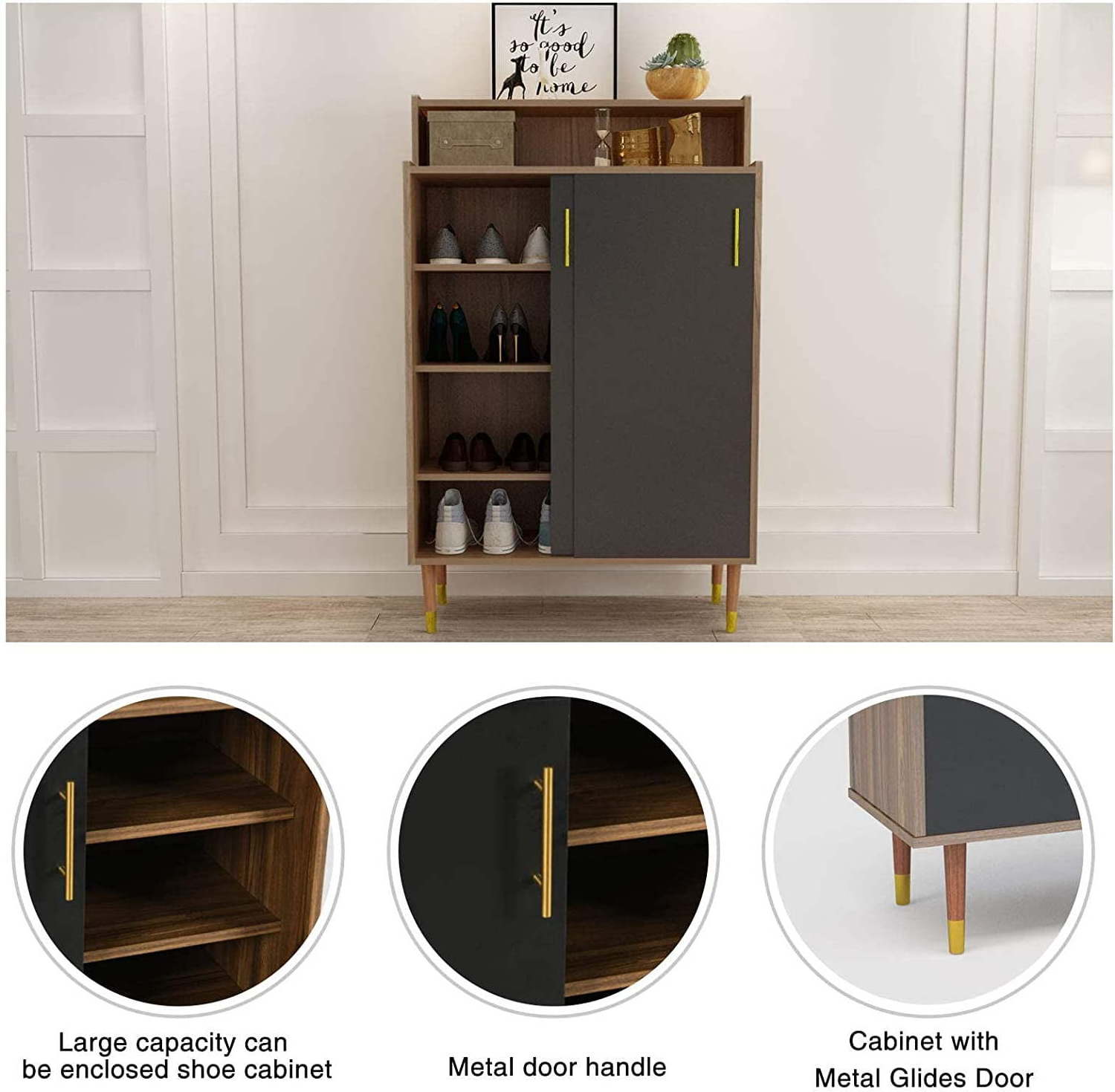 Shoe Cabinet, 4-tier Freestanding Shoe Rack Storage Organizer Mid Century Modern Shoe Storage Cabinet with opening shelf