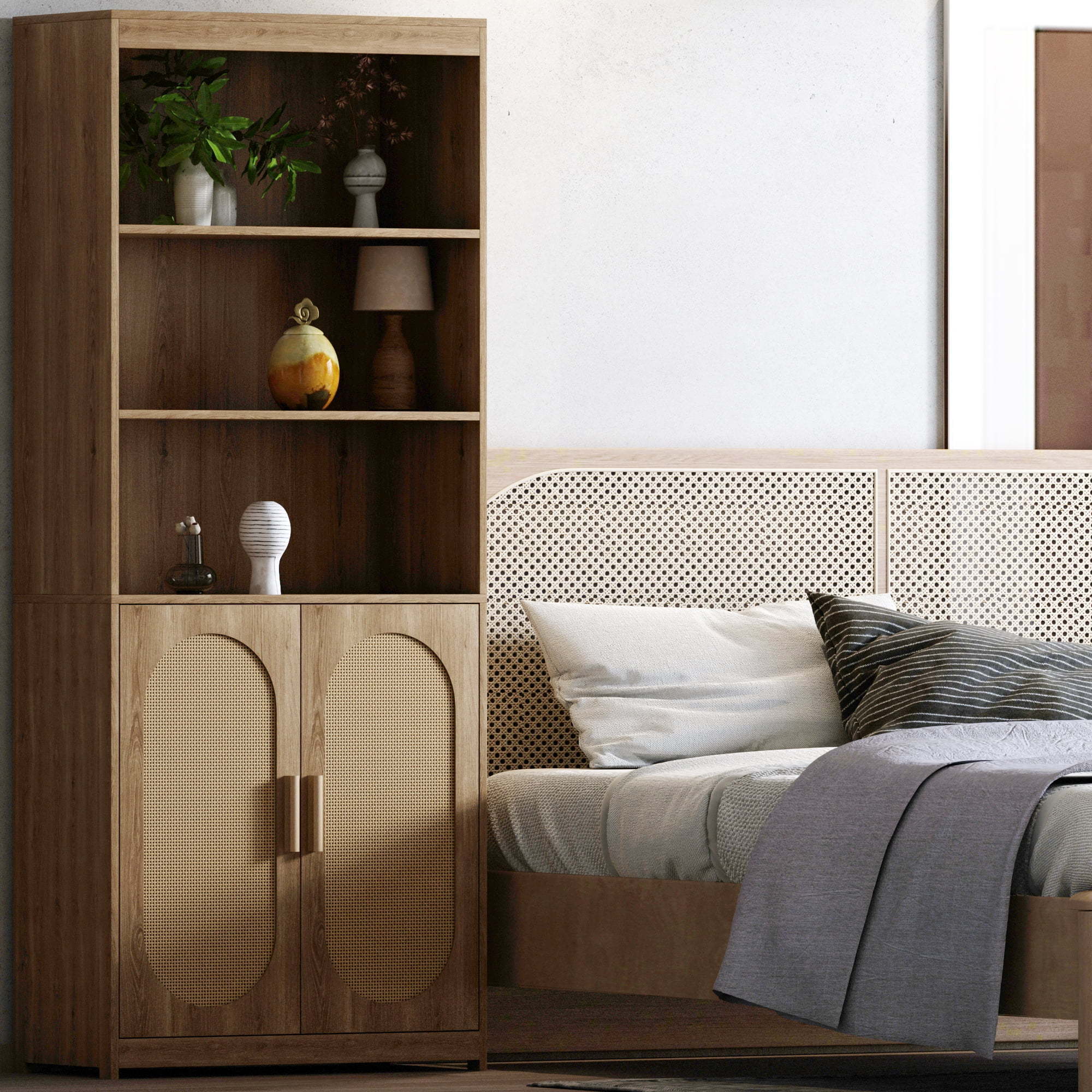 Bookshelf with Rattan Doors and Adjustable Shelf  Farmhouse Storage Cabinet for Bedroom living room