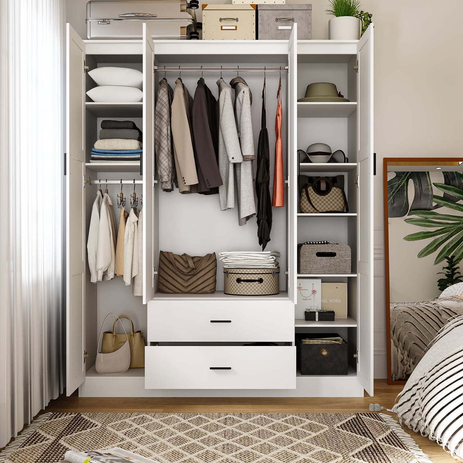 White Wardrobe with Mirror, 4 Door Large Closet Cabinet with Hanging Rod and Drawers for Bedroom