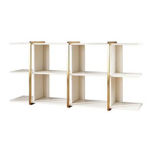 Long Low Bookshelf 2-Shelf Open Horizontal Bookcase White & Gold