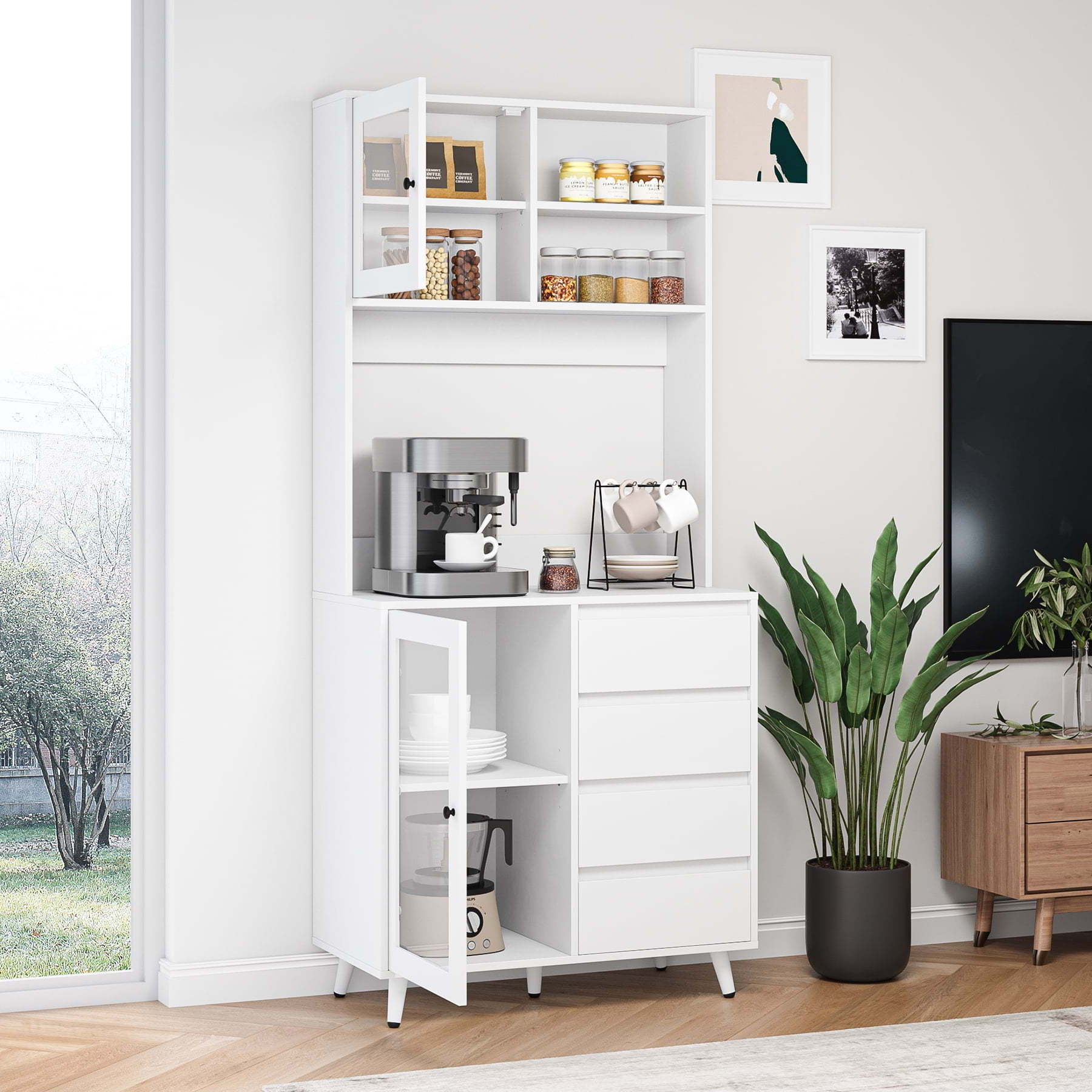 Kitchen Pantry Cabinet with Tempered Glass Doors, Large Countertop Microwave Storage Cabinet with 2 Adjustable Shelves