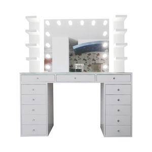 Luxury Bedroom Furniture Transparent Desktop Design Wood Dressing Table Hollywood Mirror With Led Bulbs And Drawer Makeup Vanity