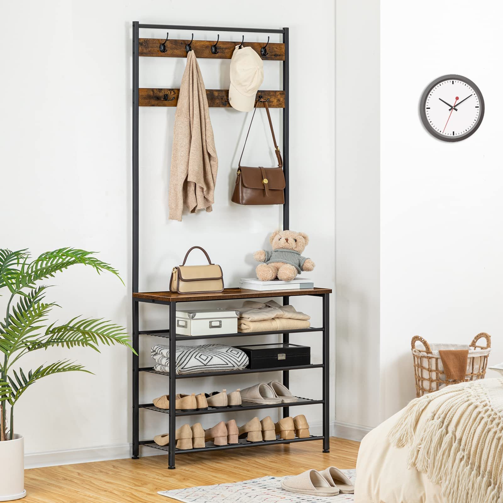 Wholesale New Products Hall  Shoe Rack with Bench, 5 Tier Shoe Storage Organizer with 9 Hooks for Entryway Sturdy