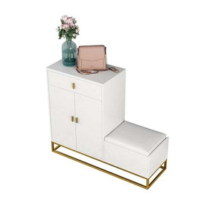 White Shoe Storage Bench 4 Shelves PU Leather Upholstered Shoe with Drawers & Flip Top