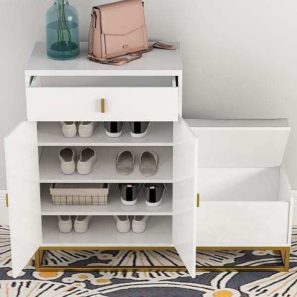 White Shoe Storage Bench 4 Shelves PU Leather Upholstered Shoe with Drawers & Flip Top