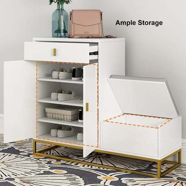 White Shoe Storage Bench 4 Shelves PU Leather Upholstered Shoe with Drawers & Flip Top