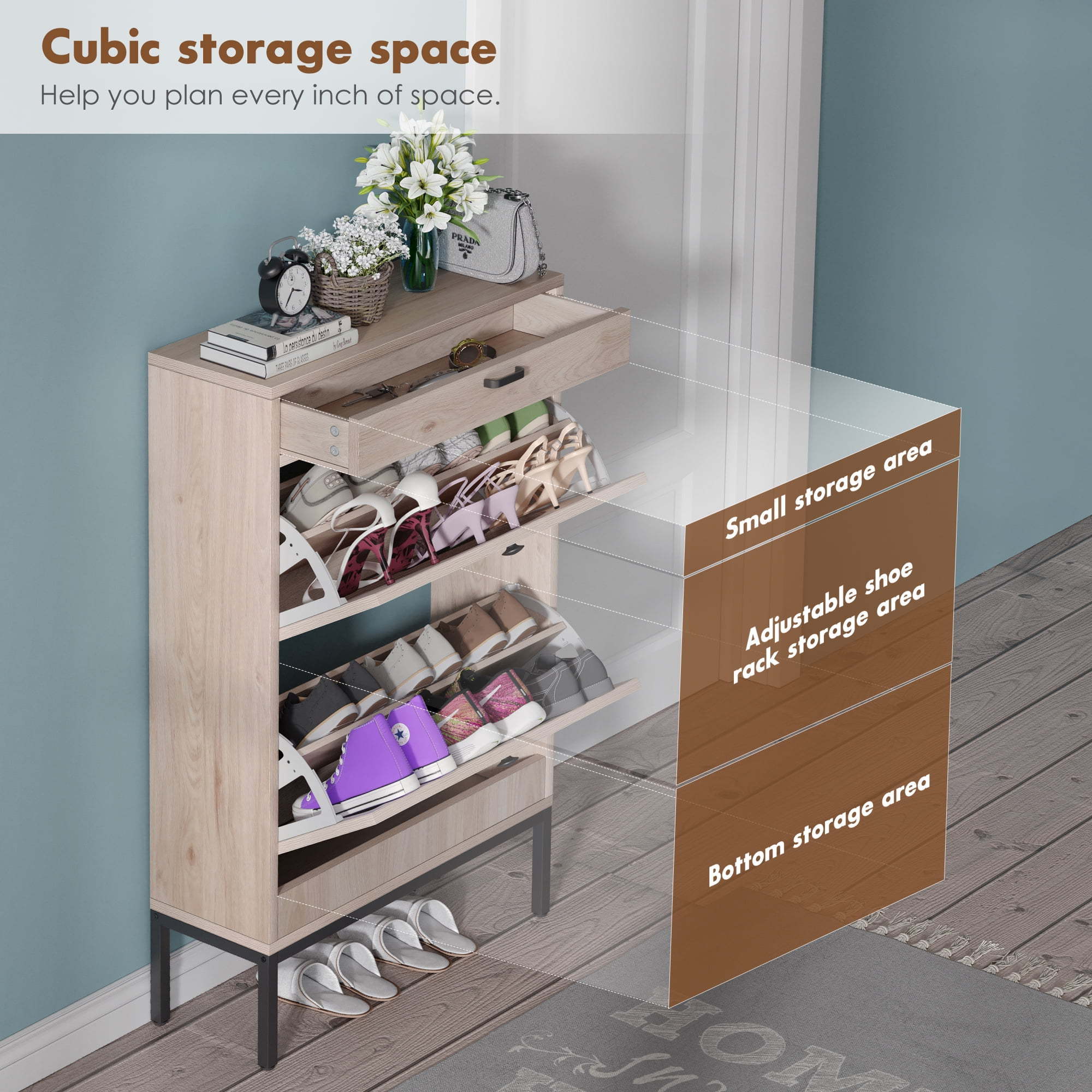 Shoe Storage Cabinet with 2 Flip Drawers and Open Shelf Natural Rattan Slim Shoe Organizer Rack