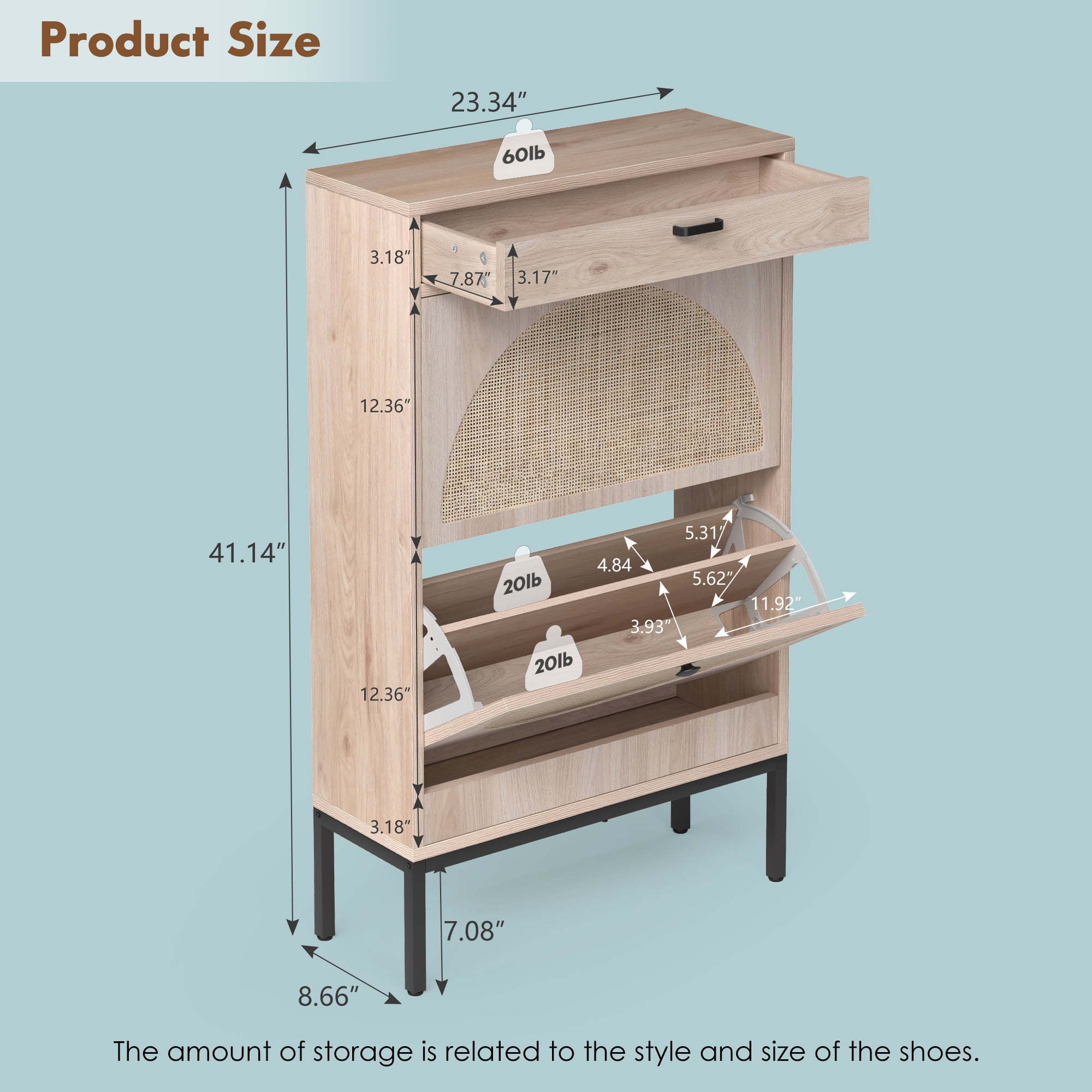 Shoe Storage Cabinet with 2 Flip Drawers and Open Shelf Natural Rattan Slim Shoe Organizer Rack