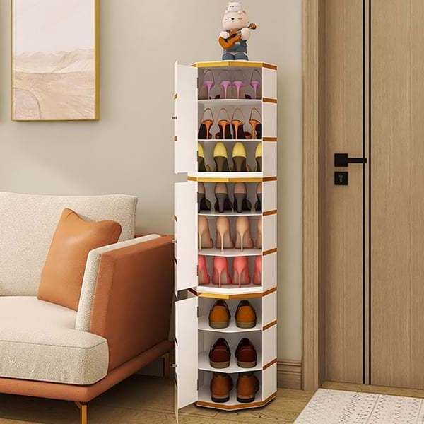 White Swivel Rotating Shoe Rack with 3 Doors 9-Tier Modern Shoe Cabinet with Storage