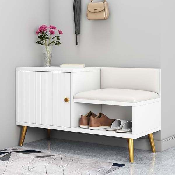 White Modern Upholstered Shoe Rack Bench with Storage Cabinet Entryway