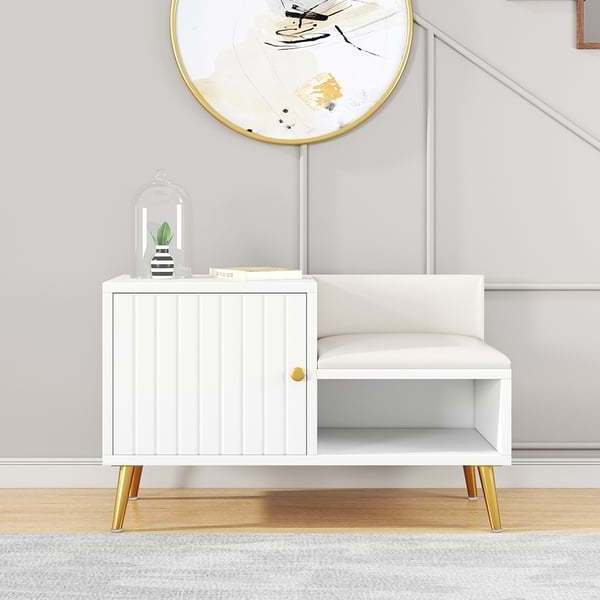 White Modern Upholstered Shoe Rack Bench with Storage Cabinet Entryway