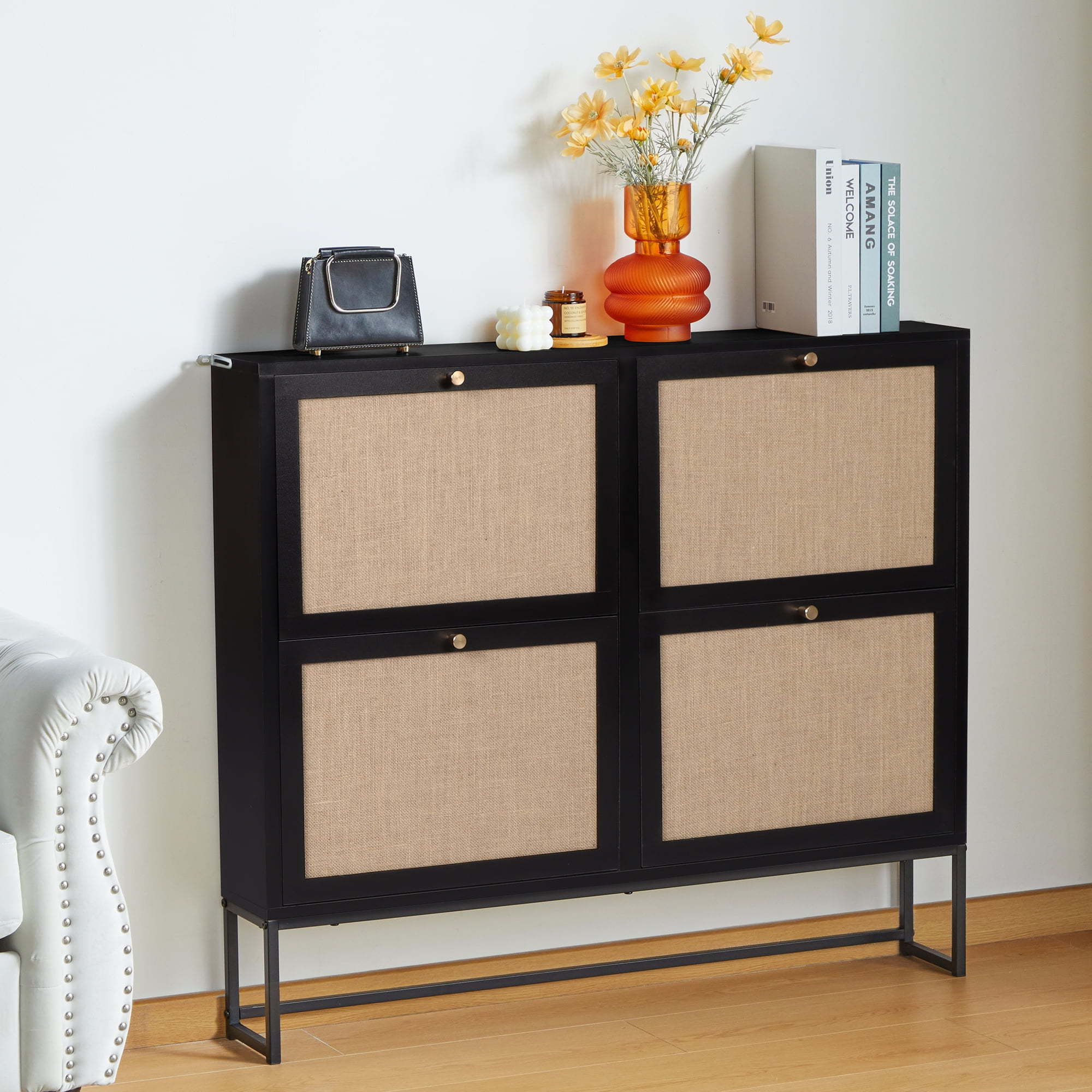 Shoe Cabinet with 4 Flip Drawers Narrow Shoe Storage Cabinet for Entryway Black